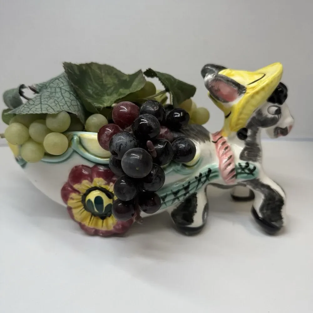 Vintage Ceramic Donkey Pulling Open Cart With Grapes Container Dish Figurine